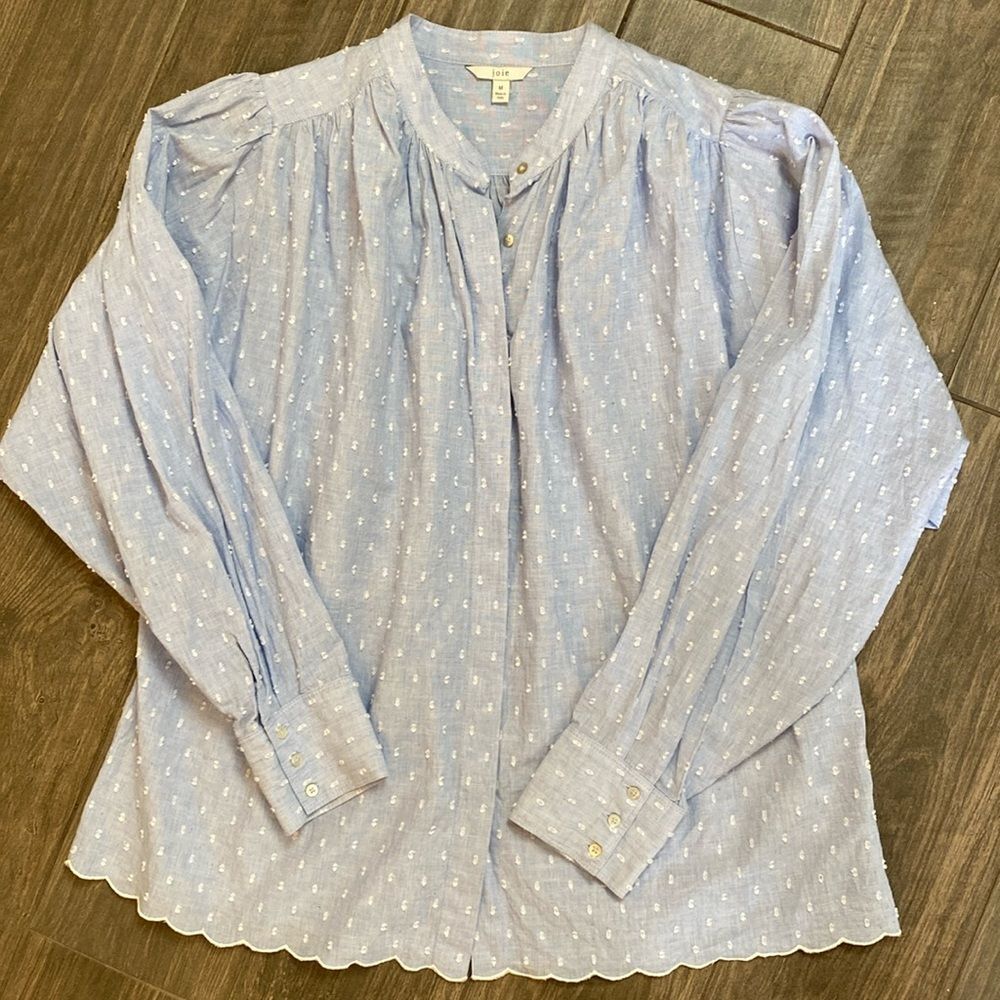 Joie Abidan Cornflower Cotton Button Down Peasant Blouse Womens Med. Blue White